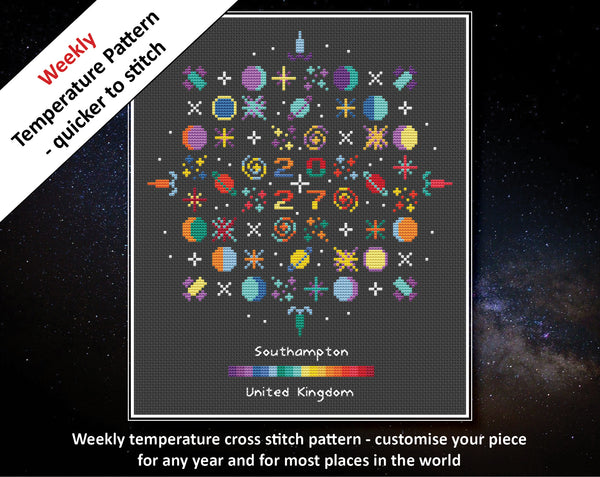 Temperature Galactic Voyage cross stitch pattern by Climbing Goat Designs. Weekly temperature pattern - customise your piece for any year and for most places in the world.