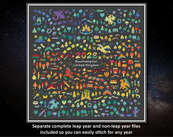 Temperature Land of the Dragons cross stitch pattern by Climbing Goat Designs - maximum and minimum temperatures version. Separate complete leap year and non-leap year files included so you can easily stitch for any year.