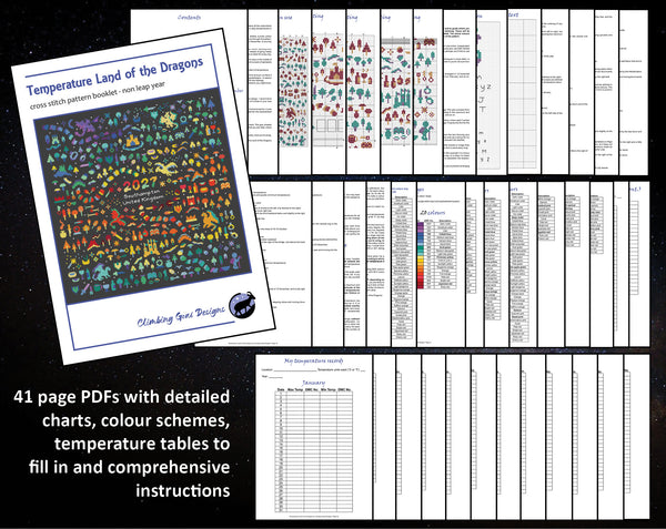 Temperature Land of the Dragons cross stitch pattern by Climbing Goat Designs - maximum and minimum temperatures version. 41 page PDFs with detailed charts, colour schemes, temperature tables to fill in and comprehensive instructions.