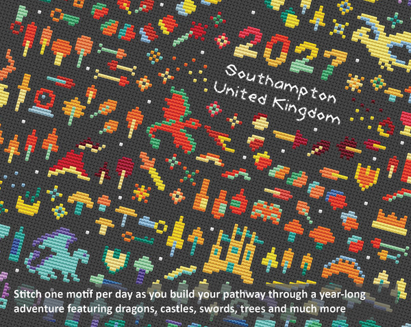 Temperature Land of the Dragons cross stitch pattern by Climbing Goat Designs - maximum and minimum temperatures version. Stitch one motif per day as you build your pathway through a year-long adventure featuring dragons, castles, swords, trees and much more.