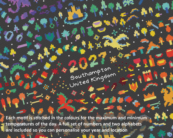 Temperature Land of the Dragons cross stitch pattern by Climbing Goat Designs - maximum and minimum temperatures version. Each motif is stitched in the colours for the maximum and minimum temperatures of the dasy. A full set of numbers and two alphabets are included so you can personalise your year and location.