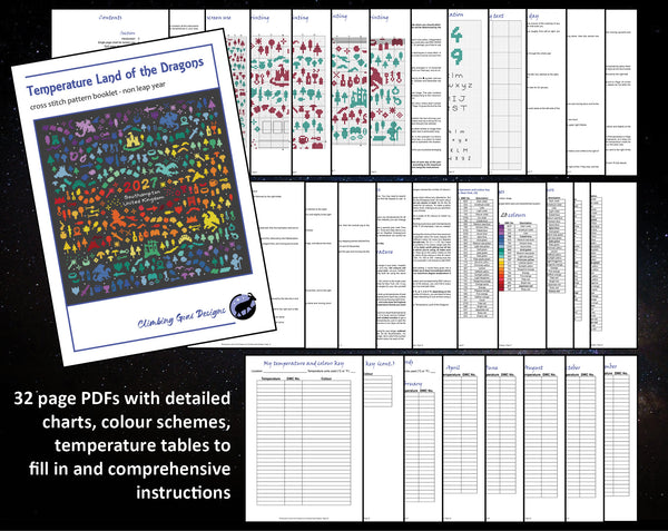 Temperature Land of the Dragons cross stitch pattern - maximum temperatures version. 32 page PDFs with detailed charts, colour schemes, temperature tables to fill in and comprehensive instructions.