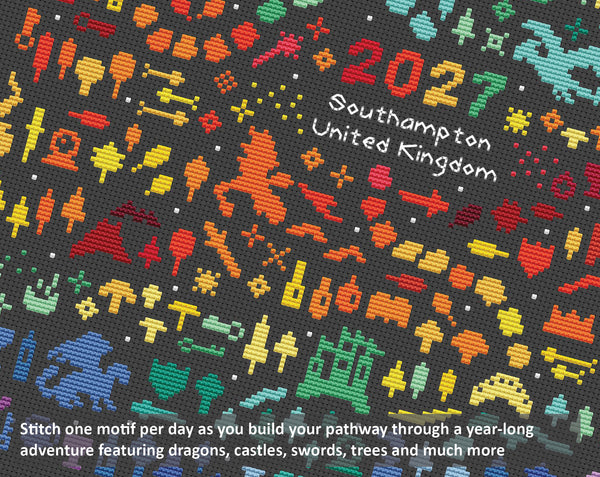 Temperature Land of the Dragons cross stitch pattern - maximum temperatures version. Stitch one motif per day as you build your pathway through a year-long adventure featuring dragons, castles, swords, trees and much more.