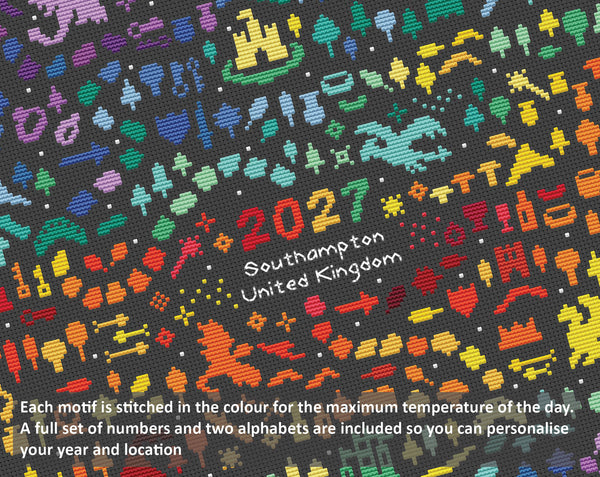Temperature Land of the Dragons cross stitch pattern - maximum temperatures version. Each motif is stitched in the colour for the maximum temperature of the day. A full set of numbers and two alphabets are included so you can peersonalised your year and location.