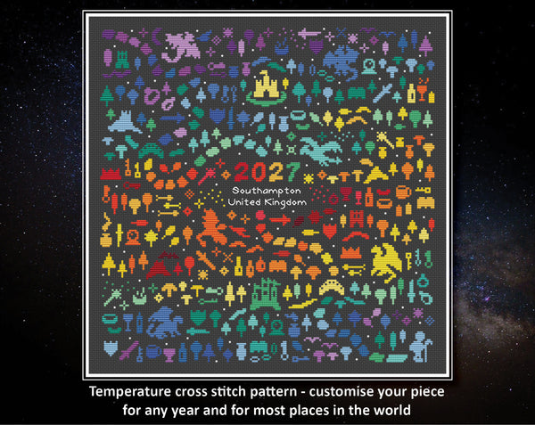 Temperature Land of the Dragons cross stitch pattern - maximum temperatures version. Customise your piece for any year and for most places in the world.