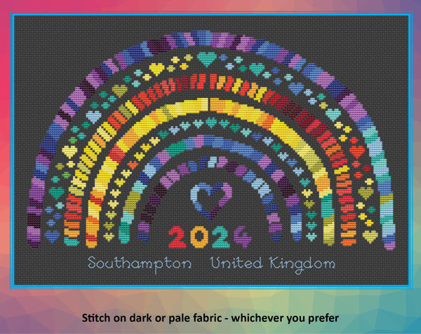 Temperature Rainbow cross stitch pattern. Stitch on dark or pale fabric - whichever you prefer. Image shows design on black fabric.