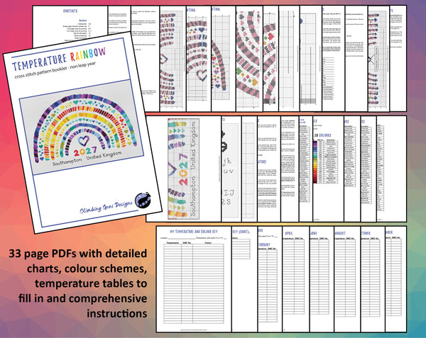 Temperature Rainbow cross stitch pattern by Climbing Goat Designs - maximum temperatures version. 33 page PDFs with detailed charts, colour schemes, temperature tables to fill in and comprehensive instructions.