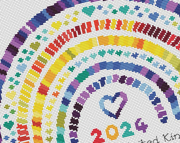 Temperature Rainbow cross stitch pattern. Close up of pattern.