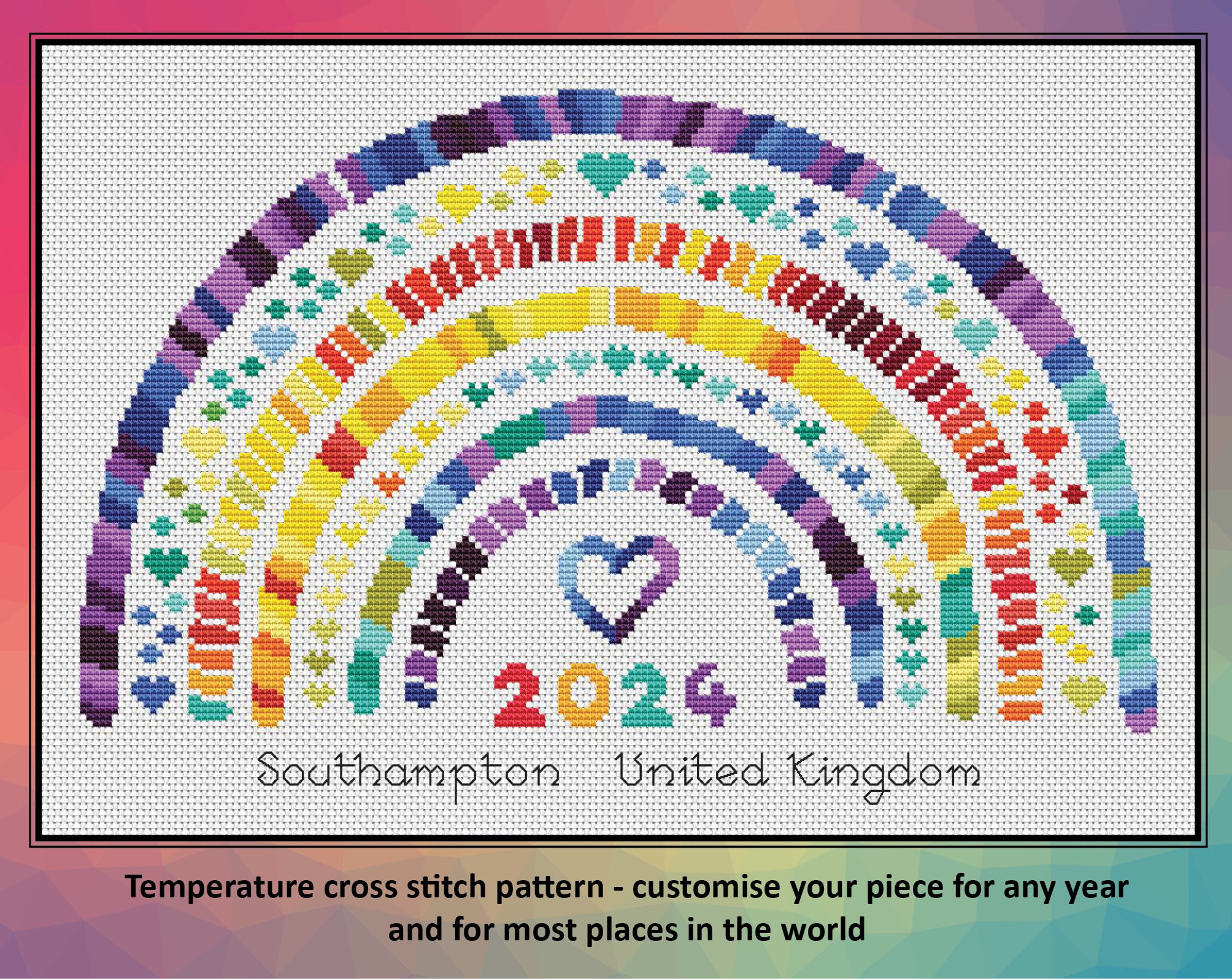 Temperature Rainbow cross stitch pattern - customise your piece for any year and for most places in the world. Image shows maximum temperatures pattern on white fabric.