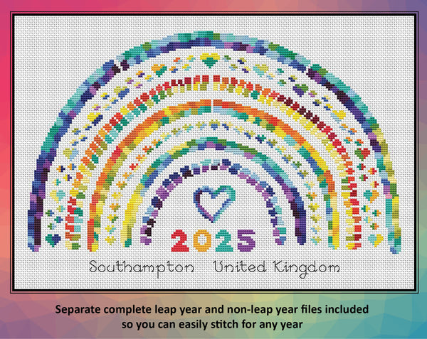 Temperature Rainbow - maximum and minimum temperatures version. Separate complete leap year and non-leap year files included  so you can easily stitch for any year.