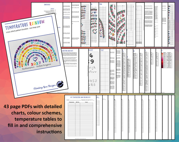 Temperature Rainbow cross stitch pattern by Climbing Goat Designs - maximum and minimum temperatures version. 43 page PDFs with detailed charts, colour schemes, temperature tables to fill in and comprehensive instructions.