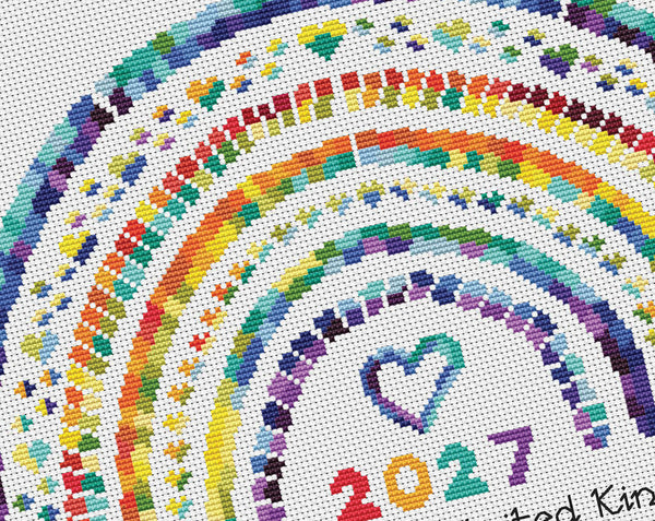 Temperature Rainbow cross stitch pattern by Climbing Goat Designs - maximum and minimum temperatures version. Close up of pattern on white fabric.