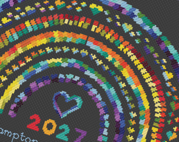 Temperature Rainbow cross stitch pattern by Climbing Goat Designs - maximum and minimum temperatures version. Close up of pattern on black fabric.