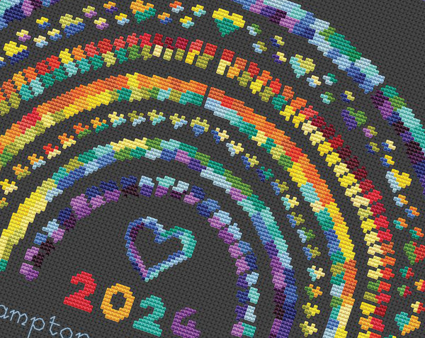 Temperature Rainbow - maximum and minimum temperatures version. Close up of design on black fabric.
