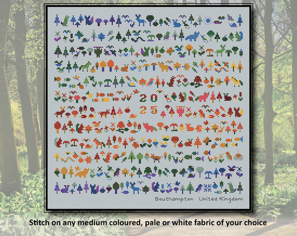 Temperature Forest Friends cross stitch pattern - maximum and minimum temperatures version. Stitch on any medium coloured, pale or white fabric of your choice.