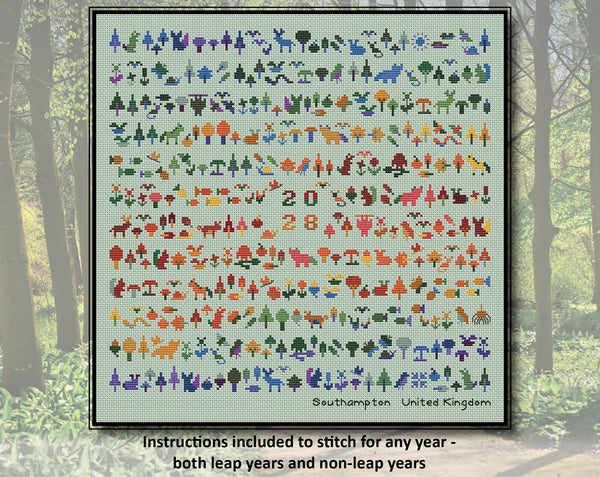 Temperature Forest Friends cross stitch pattern - maximum and minimum temperatures version. Instructions included to stitch for any year - both leap years and non-leap years.