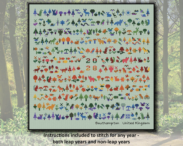 Temperature Forest Friends cross stitch pattern - maximum and minimum temperatures version. Instructions included to stitch for any year - both leap years and non-leap years.
