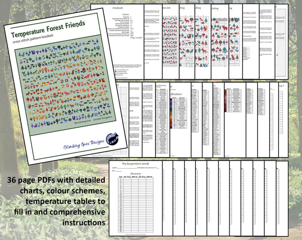 Temperature Forest Friends cross stitch pattern - maximum and minimum temperatures version. 36 page PDFs with detailed charts, colour schemes, temperature tables to fill in and comprehensive instructions.