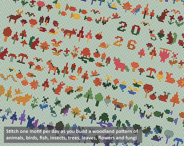 Temperature Forest Friends cross stitch pattern - maximum and minimum temperatures version. Stitch one motif per day as you build a woodland pattern of animals, birds, fish, insects, trees, leaves, flower and fungi.