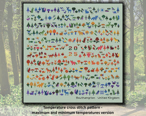 Temperature Forest Friends cross stitch pattern - maximum and minimum temperatures version. Customise your piece for any year and for most places in the world.