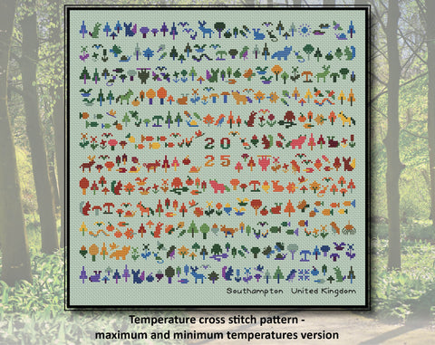 Temperature Forest Friends cross stitch pattern - maximum and minimum temperatures version. Customise your piece for any year and for most places in the world.