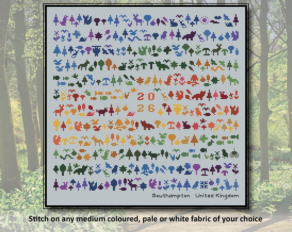 Temperature Forest Friends cross stitch pattern - maximum temperatures version. Stitch on any medium coloured, pale or white fabric of your choice.