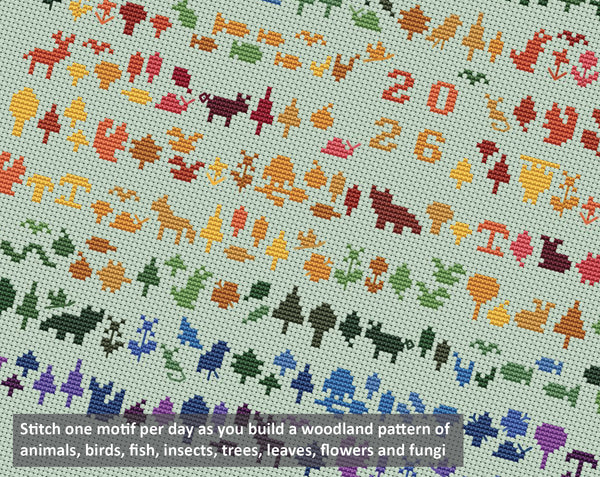 Temperature Forest Friends cross stitch pattern - maximum temperatures version. Stitch one motif per day as you build a woodland pattern of animals, birds, fish, insects, trees, leaves, flower and fungi.