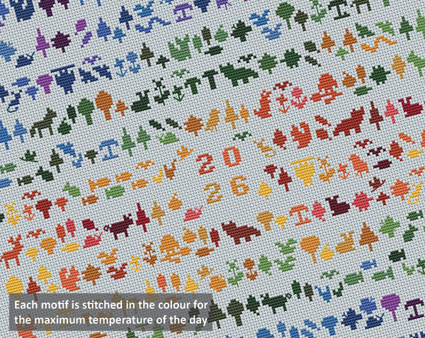 Temperature Forest Friends cross stitch pattern - maximum temperatures version. Each motif is stitched in the colour for the maximum temperature of the day.