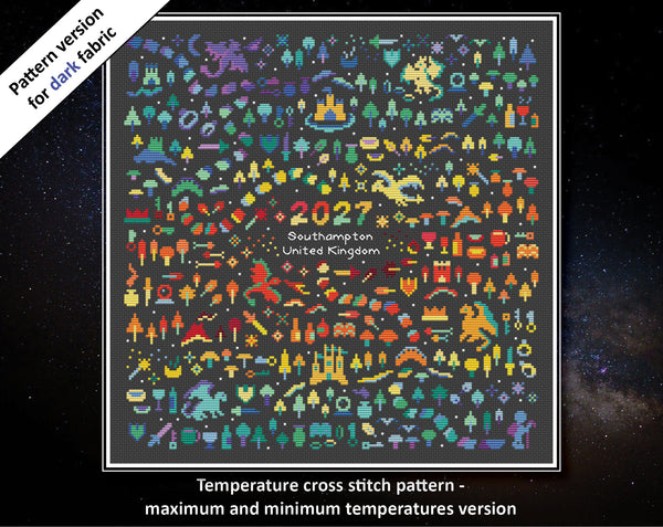 Temperature Land of the Dragons cross stitch pattern by Climbing Goat Designs - maximum and minimum temperatures version. Pattern version for dark fabric.