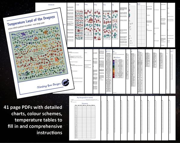 Temperature Land of the Dragons (for pale fabric) cross stitch pattern by Climbing Goat Designs - maximum and minimum temperatures version. 41 page PDFs with detailed charts, colour schemes, temperature tables to fill in and comprehensive instructions.