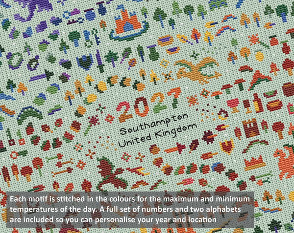 Temperature Land of the Dragons (for pale fabric) cross stitch pattern by Climbing Goat Designs - maximum and minimum temperatures version. Each motif is stitched in the colours for the maximum and minimum temperatures of the dasy. A full set of numbers and two alphabets are included so you can personalise your year and location.