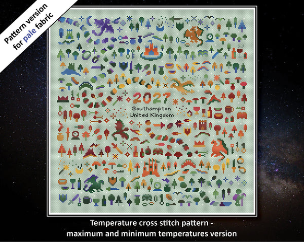 Temperature Land of the Dragons (for pale fabric) cross stitch pattern by Climbing Goat Designs - maximum and minimum temperatures version. Pattern version for dark fabric.