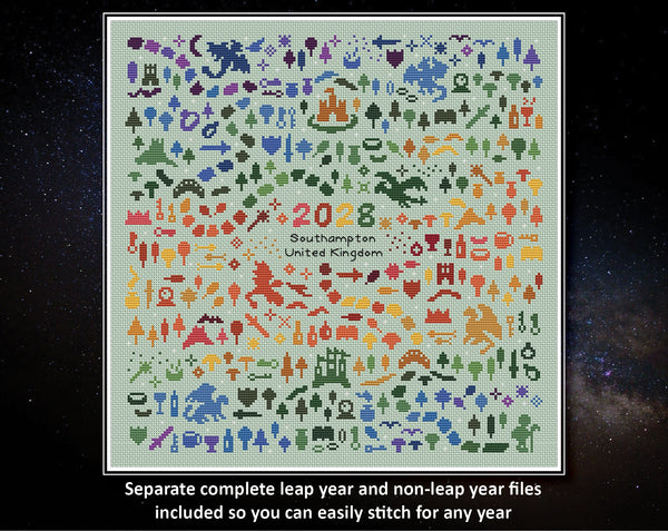 Temperature Land of the Dragons cross stitch pattern - maximum temperatures version (for pale fabric). Separate complete leap year and non-leap year files included so you can easily stitch for any year.