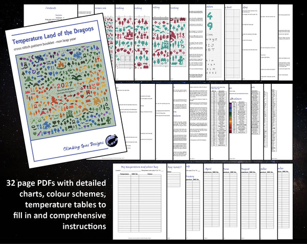 Temperature Land of the Dragons cross stitch pattern - maximum temperatures version (for pale fabric). 32 page PDFs with detailed charts, colour schemes, temperature tables to fill in and comprehensive instructions.