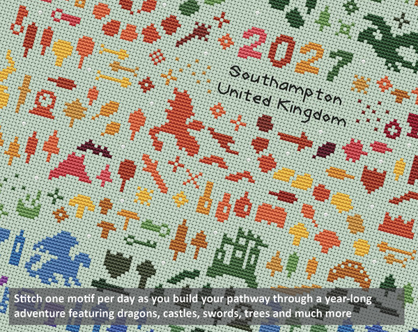 Temperature Land of the Dragons cross stitch pattern (for pale fabric) - maximum temperatures version. Stitch one motif per day as you build your pathway through a year-long adventure featuring dragons, castles, swords, trees and much more.