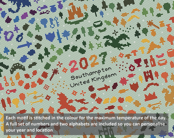 Temperature Land of the Dragons cross stitch pattern - maximum temperatures version (for pale fabric). Each motif is stitched in the colour for the maximum temperature of the day. A full set of numbers and two alphabets are included so you can peersonalised your year and location.