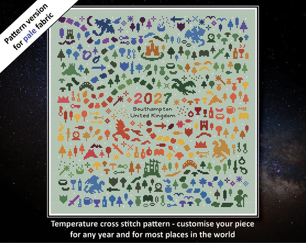 Temperature Land of the Dragons cross stitch pattern - maximum temperatures version. Customise your piece for any year and for most places in the world. Pattern version for pale fabric.