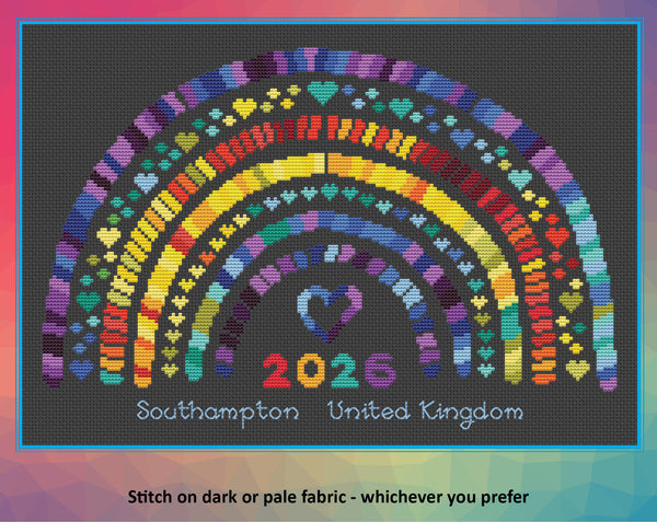 Temperature Rainbow cross stitch pattern. Stitch on dark or pale fabric - whichever you prefer. Image shows design on black fabric.