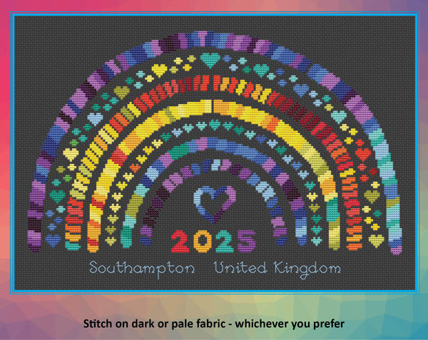 Temperature Rainbow cross stitch pattern. Stitch on dark or pale fabric - whichever you prefer. Image shows design on black fabric.