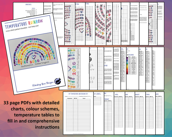 Temperature Rainbow cross stitch pattern. 33 page PDFs with detailed charts, colour schemes, temperature tables to fill in and comprehensive instructions.