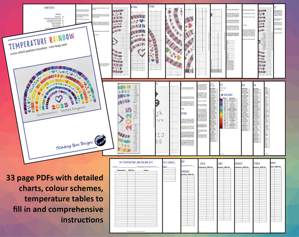 Temperature Rainbow cross stitch pattern. 33 page PDFs with detailed charts, colour schemes, temperature tables to fill in and comprehensive instructions.