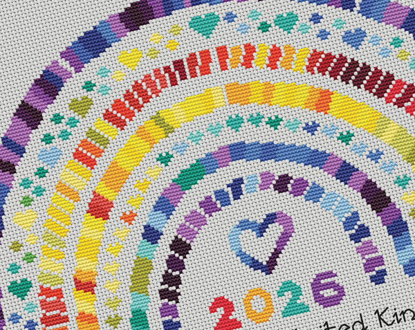 Temperature Rainbow cross stitch pattern. Close up of pattern on white fabric.