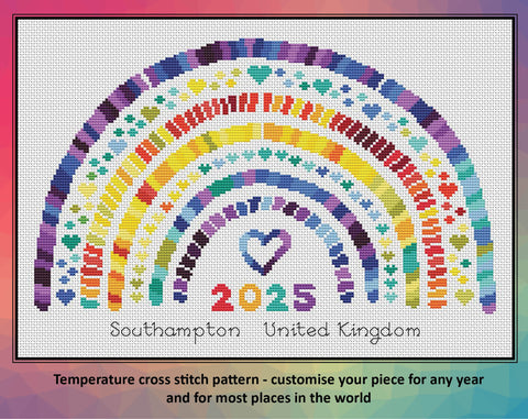 Temperature Rainbow cross stitch pattern - customise your piece for any year and for most places in the world. Image shows maximum temperatures pattern on white fabric.