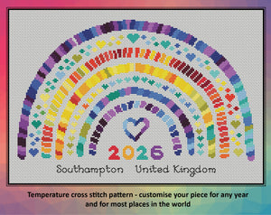Temperature Rainbow cross stitch pattern - customise your piece for any year and for most places in the world. Image shows maximum temperatures pattern on white fabric.