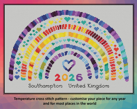 Temperature Rainbow cross stitch pattern - customise your piece for any year and for most places in the world. Image shows maximum temperatures pattern on white fabric.