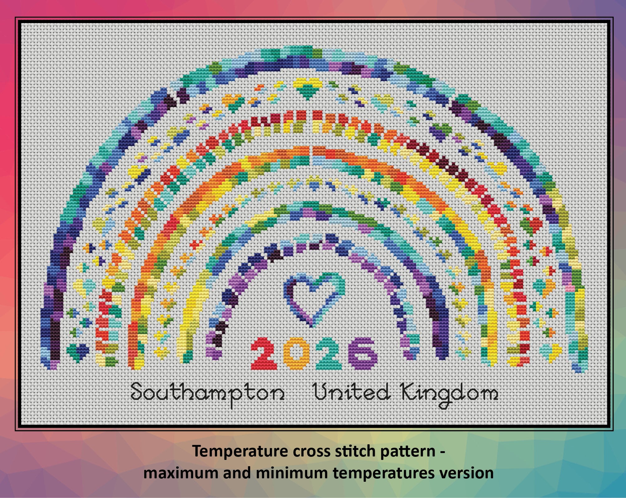 Temperature Rainbow cross stitch pattern - maximum and minimum temperatures version.