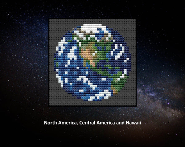 Views of our Planet Earth cross stitch patterns. Pattern showing North America, Central America and Hawaii.