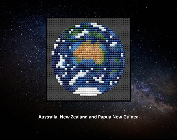 Views of our Planet Earth cross stitch patterns. Pattern showing Australia, New Zealand and Papua New Guinea.