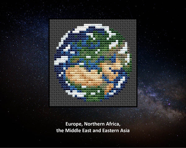 Views of our Planet Earth cross stitch patterns. Pattern showing Europe, Northern Africa, the Middle East and Eastern Asia.