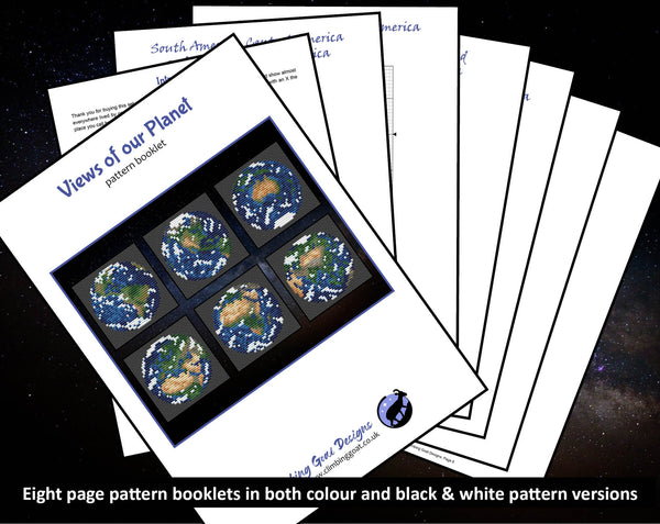 Views of our Planet Earth cross stitch patterns. Eight page pattern booklets in both colour and black & white pattern versions.
